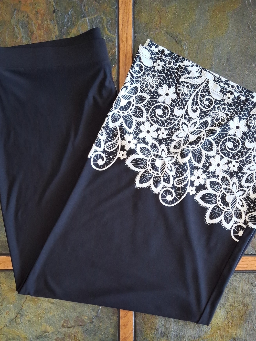 Black & Cream Palazzo Pants With Floral Stitching